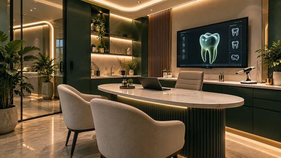 The consultation room, with a marble table and a screen showing a 3D tooth